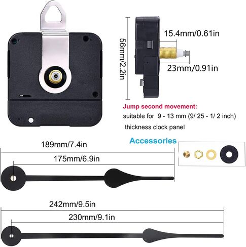 High Torque I Shaft Hands Quartz DIY Wall Clock Movement Mechanism with 9.1 Inch Long Spade Hand Battery Operated Repair Parts Replacement, 5/32 in Max Dial Thickness, 17/25 in Total Length in Saudi Arabia