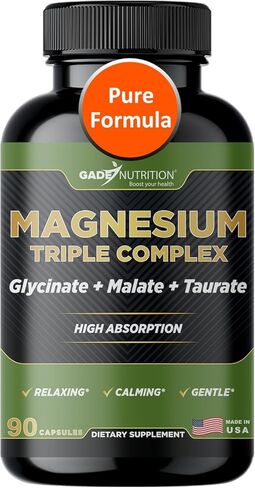 Gade Nutrition Triple Magnesium Complex with Magnesium Glycinate, Magnesium Malate & Magnesium Taurate | Pure Magnesium Supplement for Sleep and Calm, Veggie Capsules | Made in USA in Saudi Arabia