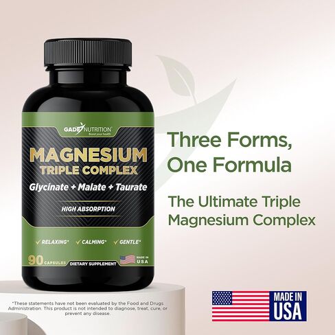 Gade Nutrition Triple Magnesium Complex with Magnesium Glycinate, Magnesium Malate & Magnesium Taurate | Pure Magnesium Supplement for Sleep and Calm, Veggie Capsules | Made in USA in Saudi Arabia