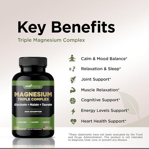 Gade Nutrition Triple Magnesium Complex with Magnesium Glycinate, Magnesium Malate & Magnesium Taurate | Pure Magnesium Supplement for Sleep and Calm, Veggie Capsules | Made in USA in Saudi Arabia
