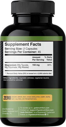 Gade Nutrition Triple Magnesium Complex with Magnesium Glycinate, Magnesium Malate & Magnesium Taurate | Pure Magnesium Supplement for Sleep and Calm, Veggie Capsules | Made in USA in Saudi Arabia