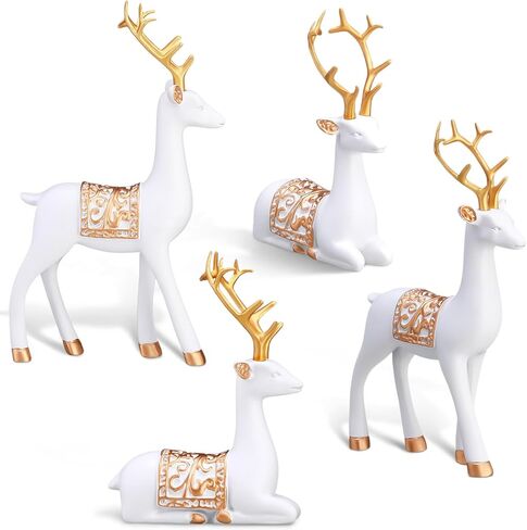 Soulchen 4 Pcs Christmas Reindeer Figurines Sitting Standing Deer Statue Small Reindeer Decor Christmas Resin Elk Sculpture Tabletop for Home Indoor Xmas Decor Table Entrance Centerpiece(White, Gold) in Kuwait