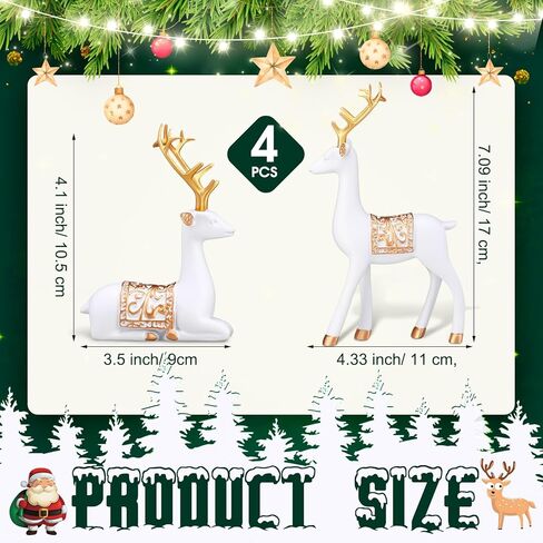 Soulchen 4 Pcs Christmas Reindeer Figurines Sitting Standing Deer Statue Small Reindeer Decor Christmas Resin Elk Sculpture Tabletop for Home Indoor Xmas Decor Table Entrance Centerpiece(White, Gold) in Kuwait