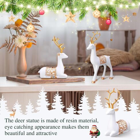 Soulchen 4 Pcs Christmas Reindeer Figurines Sitting Standing Deer Statue Small Reindeer Decor Christmas Resin Elk Sculpture Tabletop for Home Indoor Xmas Decor Table Entrance Centerpiece(White, Gold) in Kuwait