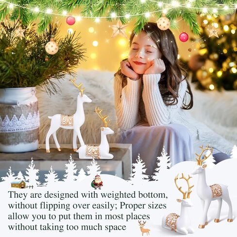Soulchen 4 Pcs Christmas Reindeer Figurines Sitting Standing Deer Statue Small Reindeer Decor Christmas Resin Elk Sculpture Tabletop for Home Indoor Xmas Decor Table Entrance Centerpiece(White, Gold) in Kuwait