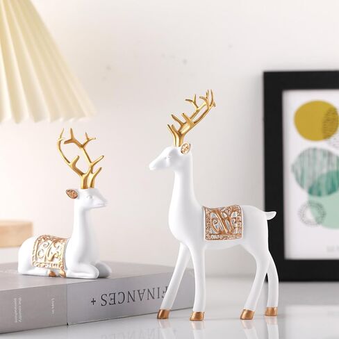 Soulchen 4 Pcs Christmas Reindeer Figurines Sitting Standing Deer Statue Small Reindeer Decor Christmas Resin Elk Sculpture Tabletop for Home Indoor Xmas Decor Table Entrance Centerpiece(White, Gold) in Kuwait