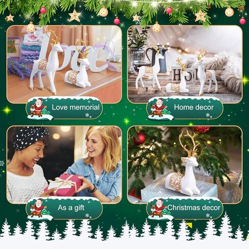 Soulchen 4 Pcs Christmas Reindeer Figurines Sitting Standing Deer Statue Small Reindeer Decor Christmas Resin Elk Sculpture Tabletop for Home Indoor Xmas Decor Table Entrance Centerpiece(White, Gold) in Kuwait