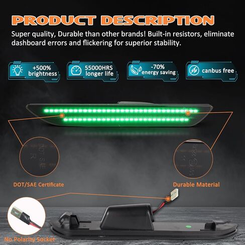 Dynamic Rear Side Marker Lights Compatible With 2015-2023 Ford Mustang Assembly, Side Bumper Marker Reflectors Lamp, Dual Rows Driver & Passenger Side Bumper Lights, Green Smoked Lens 2PCS in Kuwait