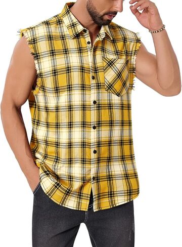 Sleeveless Flannel Shirt Men - Lightweight Plaid Casual Button Down Shirt Cowboy Vest with Raw Hem in Saudi Arabia