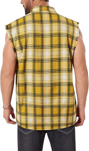 Sleeveless Flannel Shirt Men - Lightweight Plaid Casual Button Down Shirt Cowboy Vest with Raw Hem in Saudi Arabia