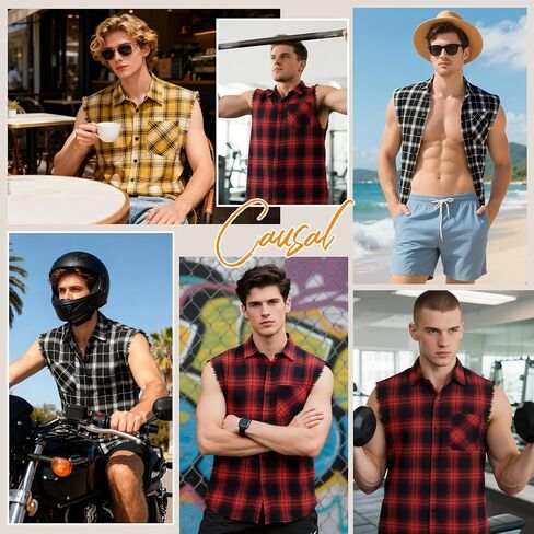 Sleeveless Flannel Shirt Men - Lightweight Plaid Casual Button Down Shirt Cowboy Vest with Raw Hem in Saudi Arabia