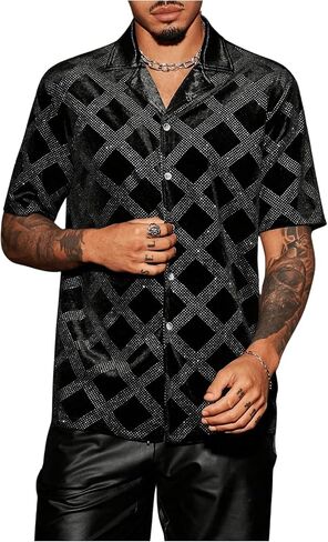 WDIRARA Men's Rhinestone Plaid Button Down Shirt Short Sleeve Collar Neck Summer Shirts in Saudi Arabia