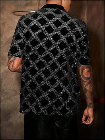 WDIRARA Men's Rhinestone Plaid Button Down Shirt Short Sleeve Collar Neck Summer Shirts in Saudi Arabia