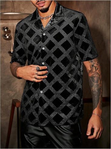 WDIRARA Men's Rhinestone Plaid Button Down Shirt Short Sleeve Collar Neck Summer Shirts in Saudi Arabia
