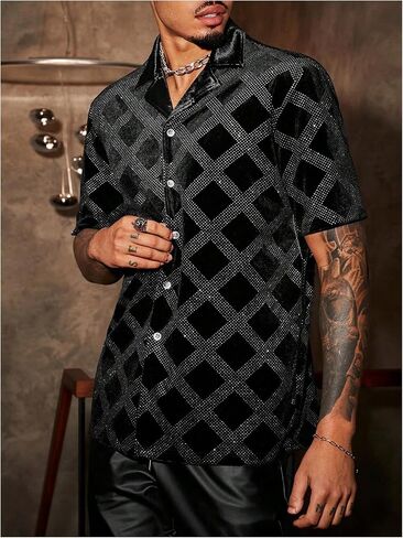 WDIRARA Men's Rhinestone Plaid Button Down Shirt Short Sleeve Collar Neck Summer Shirts in Saudi Arabia