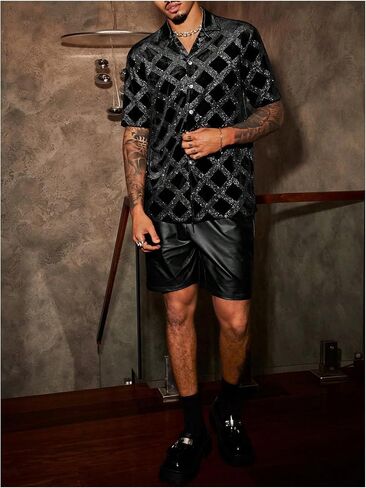 WDIRARA Men's Rhinestone Plaid Button Down Shirt Short Sleeve Collar Neck Summer Shirts in Saudi Arabia