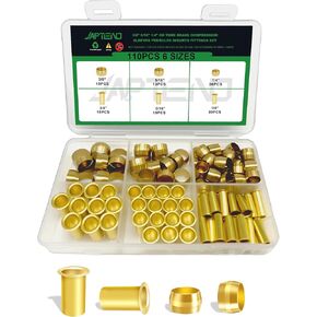 280pcs 1/2" 3/8" 5/16" 1/4" 3/16" 1/8" Brass Compression Sleeves Ferrules Inserts Nuts Fittings Assortment Kit, 6 Sizes Hose Repair Kit of Air Water Fuel Oil Gas Tube Lines in Kuwait