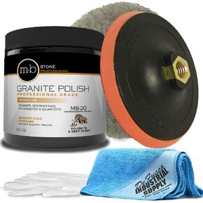 MB-20 Stone Granite Polishing Kit – 5-Piece Bundle with 8.5 oz Polishing Compound, Hogs Hair Pad, Backer, Microfiber Cloth & Gloves – Restores High-Gloss Finish on Granite & Engineered Stone in Saudi Arabia