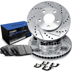 R1 Concepts Front Brake Kit For 2012-2022 Ford F-250, F-350| Drilled Slotted Brake Rotors| Semi-Metallic Brake Pads and Rotors Kit| Hardware included in Kuwait