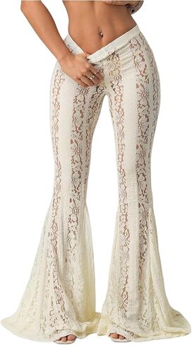 Milumia Women's Floral Lace Sheer Flare Pants Elastic Low Waist Skinny Flowy Party Bell Bottoms Trousers in Saudi Arabia