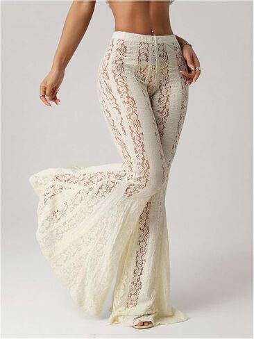 Milumia Women's Floral Lace Sheer Flare Pants Elastic Low Waist Skinny Flowy Party Bell Bottoms Trousers in Saudi Arabia