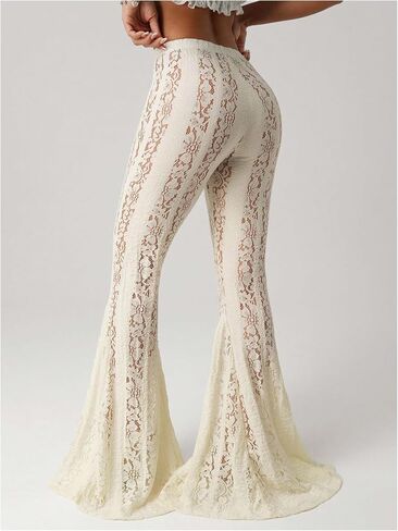 Milumia Women's Floral Lace Sheer Flare Pants Elastic Low Waist Skinny Flowy Party Bell Bottoms Trousers in Saudi Arabia