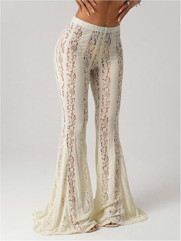 Milumia Women's Floral Lace Sheer Flare Pants Elastic Low Waist Skinny Flowy Party Bell Bottoms Trousers in Saudi Arabia