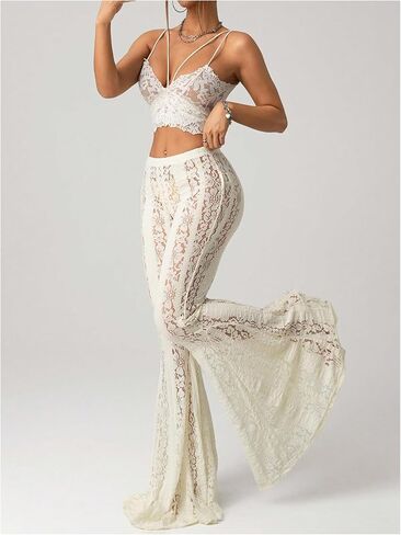 Milumia Women's Floral Lace Sheer Flare Pants Elastic Low Waist Skinny Flowy Party Bell Bottoms Trousers in Saudi Arabia
