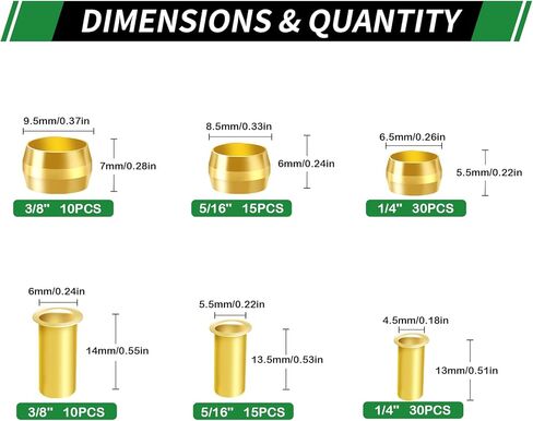 280 قطعة 1/2 بوصة 3/8 بوصة 5/16 بوصة 1/4 بوصة 3/16 بوصة 1/8 بوصة أكمام ضغط نحاسية حلقات إدراج صواميل مجموعة متنوعة من التركيبات، 6 مقاسات طقم إصلاح خرطوم الهواء والماء وزيت الوقود وخطوط أنابيب الغاز in Kuwait