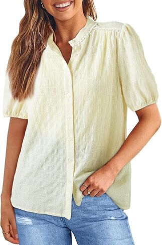 EVALESS Womens Button Down Shirts Cute Short Puff Sleeve V Neck Tops Spring Summer Blouses for Women Dressy Casual in Saudi Arabia