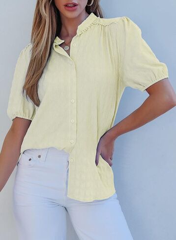 EVALESS Womens Button Down Shirts Cute Short Puff Sleeve V Neck Tops Spring Summer Blouses for Women Dressy Casual in Saudi Arabia