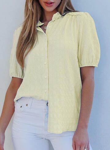 EVALESS Womens Button Down Shirts Cute Short Puff Sleeve V Neck Tops Spring Summer Blouses for Women Dressy Casual in Saudi Arabia