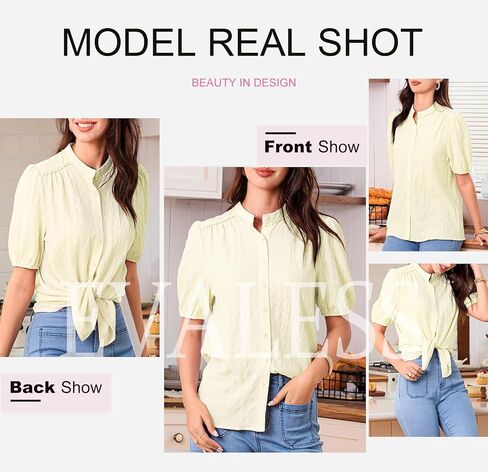 EVALESS Womens Button Down Shirts Cute Short Puff Sleeve V Neck Tops Spring Summer Blouses for Women Dressy Casual in Saudi Arabia