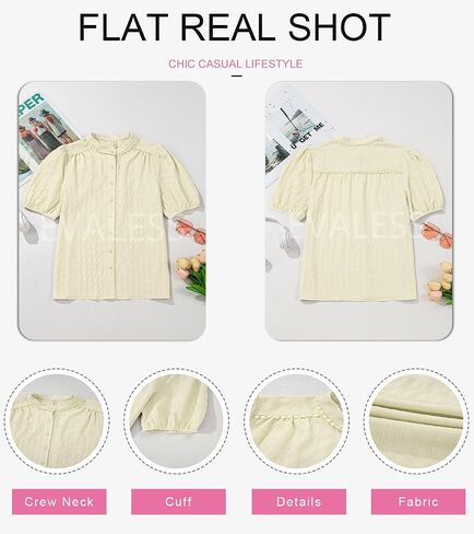EVALESS Womens Button Down Shirts Cute Short Puff Sleeve V Neck Tops Spring Summer Blouses for Women Dressy Casual in Saudi Arabia