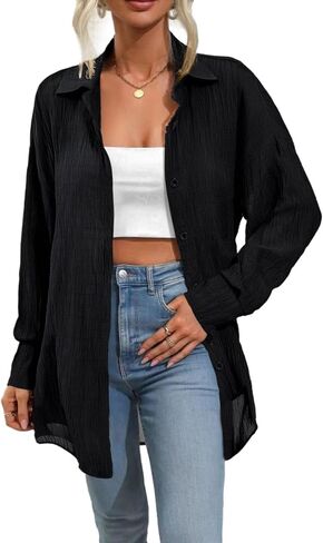 Women’s Button Down Shirt Long Sleeve Collared Blouse Loose Fit Casual Top for Fall Winter in Saudi Arabia