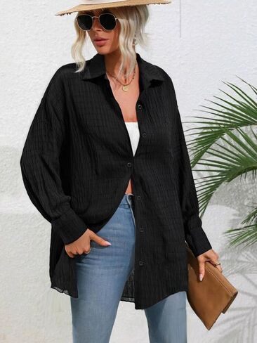 Women’s Button Down Shirt Long Sleeve Collared Blouse Loose Fit Casual Top for Fall Winter in Saudi Arabia