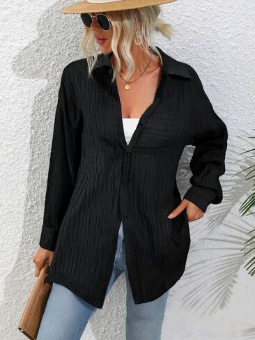Women’s Button Down Shirt Long Sleeve Collared Blouse Loose Fit Casual Top for Fall Winter in Saudi Arabia