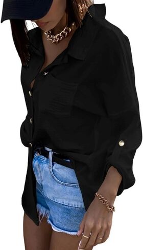 CHICME Button Down Shirts for Women Long Sleeve Blouse Loose Fit Casual Blouse Work Shirt with Pocket 2025 Fall Top in Kuwait