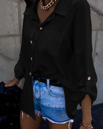 CHICME Button Down Shirts for Women Long Sleeve Blouse Loose Fit Casual Blouse Work Shirt with Pocket 2025 Fall Top in Kuwait