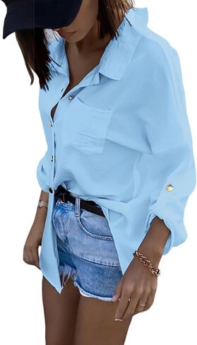 CHICME Button Down Shirts for Women Long Sleeve Blouse Loose Fit Casual Blouse Work Shirt with Pocket 2025 Fall Top in Saudi Arabia