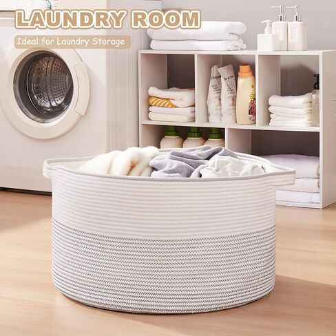 OIASKET Large Blanket Basket with Handles, 22.8" x 22.8" x 13" Woven Storage Basket for Living Room, Cotton Rope Baby Toy Storage for Clothes, Pillows, Towels-Brown & White in Saudi Arabia