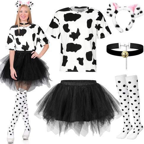 Mepase 5 Pcs Halloween Spotted Dog Costume for Women Cosplay 100 Days Spotted Top Tutu Skirt Headband Collar Stockings in Saudi Arabia
