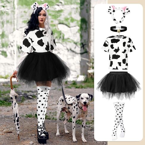 Mepase 5 Pcs Halloween Spotted Dog Costume for Women Cosplay 100 Days Spotted Top Tutu Skirt Headband Collar Stockings in Saudi Arabia