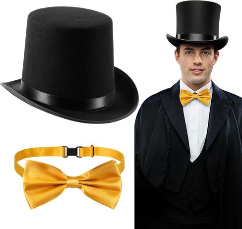 2 Pcs Halloween Top Hat Costume Set Steampunk Top Hat Gold Adjustable Bow Tie for Chocolate Parade Cosplay in Kuwait