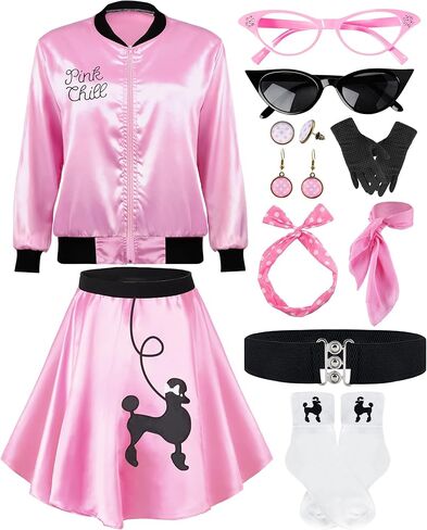 1950s Polka Dot Pink Satin Jacket Set with Accessories Vintage-Inspired 50s Style Skirt Halloween Cosplay in Saudi Arabia