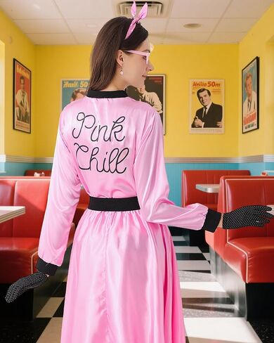 1950s Polka Dot Pink Satin Jacket Set with Accessories Vintage-Inspired 50s Style Skirt Halloween Cosplay in Saudi Arabia