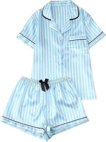 Verdusa Women's 2 Piece Satin Pajama Sets Striped Pj Set Button Up Top and Shorts Sleepwear Lounge Sets in Saudi Arabia