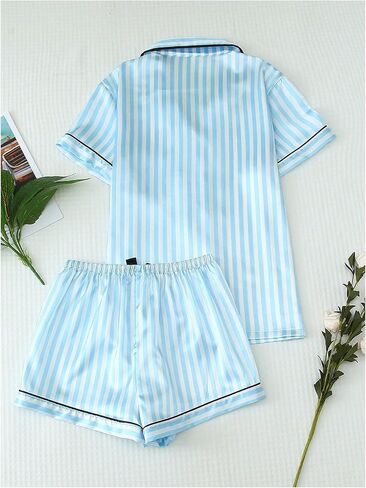 Verdusa Women's 2 Piece Satin Pajama Sets Striped Pj Set Button Up Top and Shorts Sleepwear Lounge Sets in Saudi Arabia