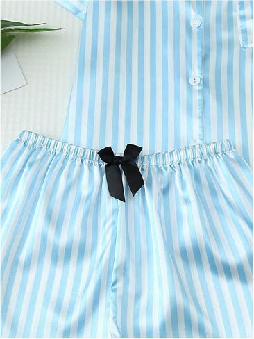 Verdusa Women's 2 Piece Satin Pajama Sets Striped Pj Set Button Up Top and Shorts Sleepwear Lounge Sets in Saudi Arabia