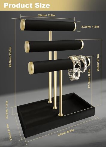 Velvet Jewelry Display Stand - 3 Tier Detachabler Bracelet Holde Organizer with T-Bar for Bracelets, Necklaces, Watches, Rings, Earrings & Scrunchies (Black) in Saudi Arabia